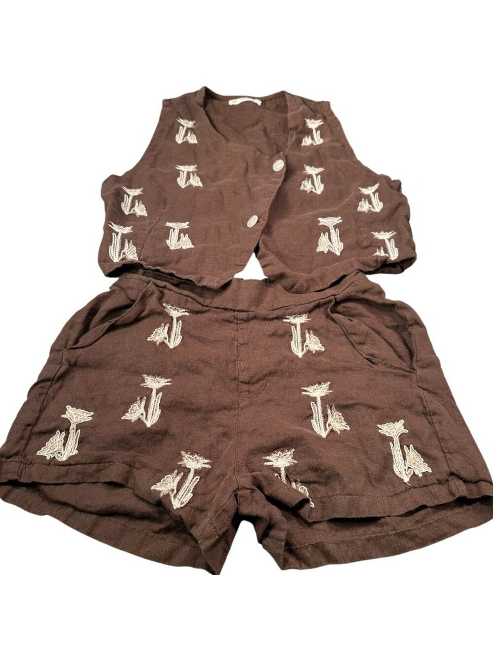 Tns Tennis Linen Vest Short Set Womens Embroidered Button Boho Floral READ